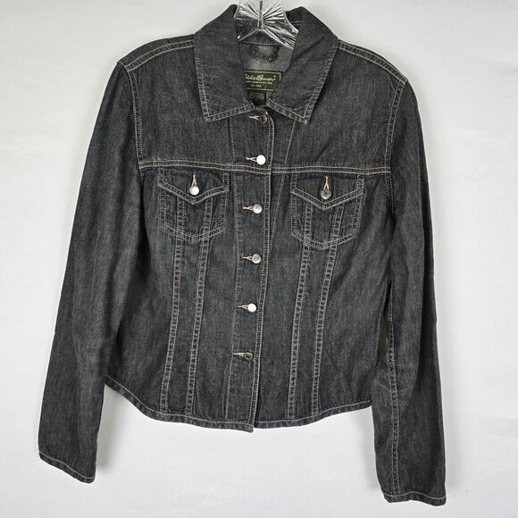Eddie Bauer Jean Jacket Women's Small Shirt Military Style Charcoal Wash Gray - Picture 1 of 11